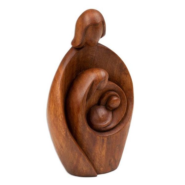 Alternate image for Hand-Carved Semi-Abstract Suar Wood Sculpture of Family Take Care, My Family