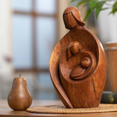 Alternate image for Hand-Carved Semi-Abstract Suar Wood Sculpture of Family Take Care, My Family