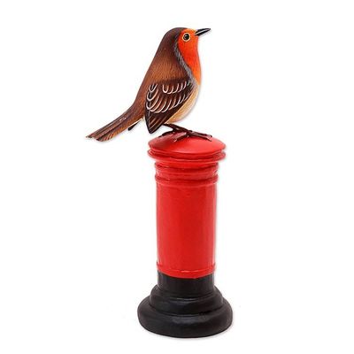 Alternate image for Hand Carved Suar Wood Bird Statuette Avian Postman