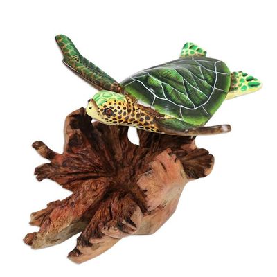 Alternate image for Mushroom-Shaped Wood Sculpture of Colorful Sea Turtle Turtle in The Ocean