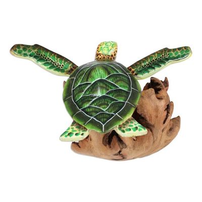 Alternate image for Mushroom-Shaped Wood Sculpture of Colorful Sea Turtle Turtle in The Ocean