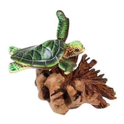 Alternate image for Mushroom-Shaped Wood Sculpture of Colorful Sea Turtle Turtle in The Ocean