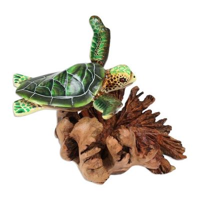 Alternate image for Mushroom-Shaped Wood Sculpture of Colorful Sea Turtle Turtle in The Ocean