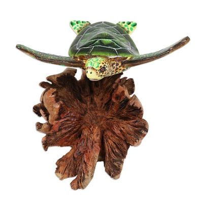 Alternate image for Mushroom-Shaped Wood Sculpture of Colorful Sea Turtle Turtle in The Ocean