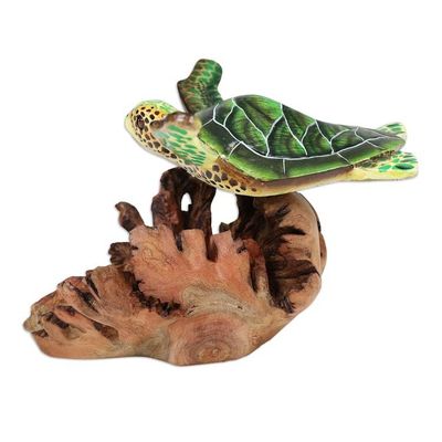Alternate image for Mushroom-Shaped Wood Sculpture of Colorful Sea Turtle Turtle in The Ocean
