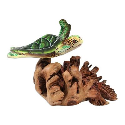 Alternate image for Mushroom-Shaped Wood Sculpture of Colorful Sea Turtle Turtle in The Ocean