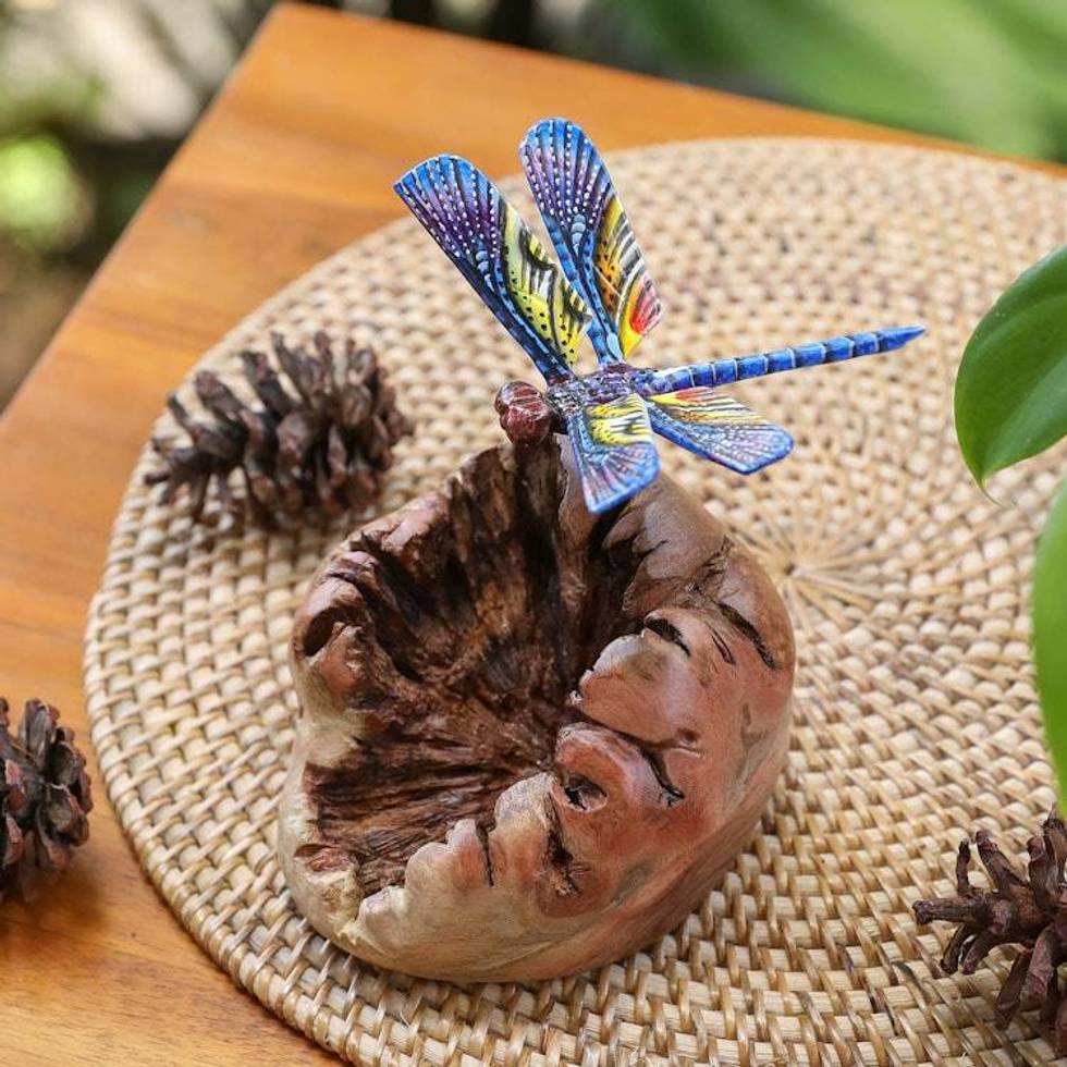 Mushroom-Shaped Wood Sculpture with Colorful Dragonfly 'Dragonfly in the Sun'