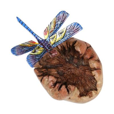 Alternate image for Mushroom-Shaped Wood Sculpture with Colorful Dragonfly Dragonfly in the Sun