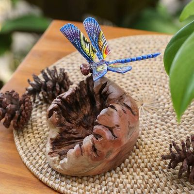 Alternate image for Mushroom-Shaped Wood Sculpture with Colorful Dragonfly Dragonfly in the Sun