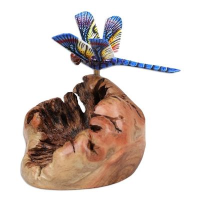 Alternate image for Mushroom-Shaped Wood Sculpture with Colorful Dragonfly Dragonfly in the Sun