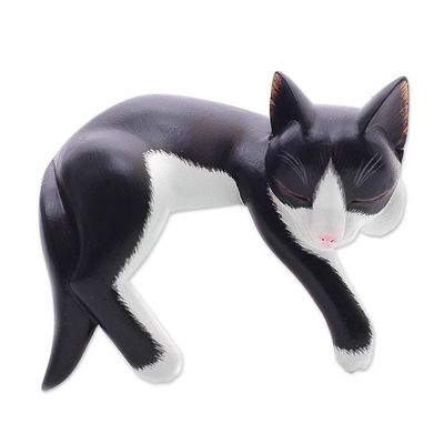 Primary image for Balinese Signed Hand-Carved Sleeping Tuxedo Cat Sculpture Tuxedo Catnap