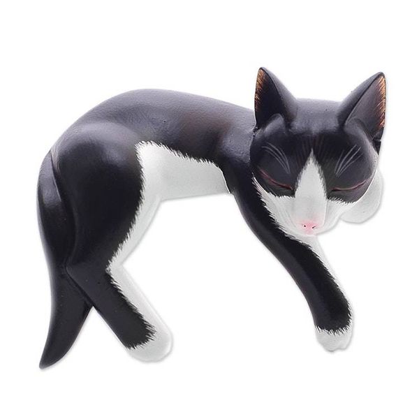 Alternate image for Balinese Signed Hand-Carved Sleeping Tuxedo Cat Sculpture Tuxedo Catnap