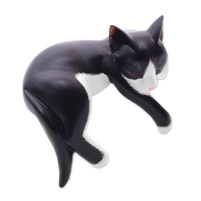 Alternate image for Balinese Signed Hand-Carved Sleeping Tuxedo Cat Sculpture Tuxedo Catnap