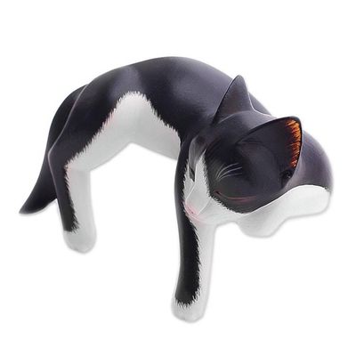 Alternate image for Balinese Signed Hand-Carved Sleeping Tuxedo Cat Sculpture Tuxedo Catnap