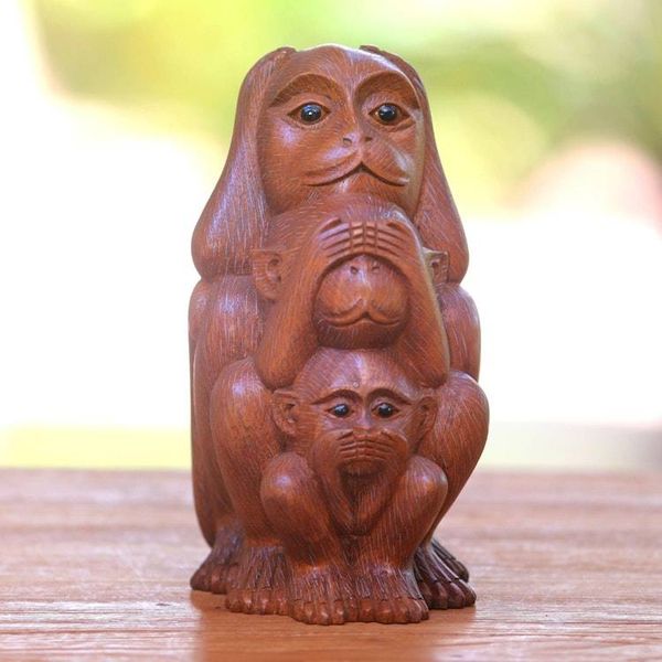 Alternate image for Three Wise Monkeys Brown Hand Carved Wood Statuette Three Monkey Sages in Brown