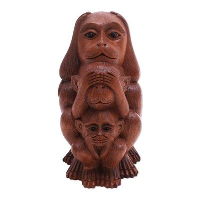 Alternate image for Three Wise Monkeys Brown Hand Carved Wood Statuette Three Monkey Sages in Brown