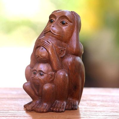 Alternate image for Three Wise Monkeys Brown Hand Carved Wood Statuette Three Monkey Sages in Brown