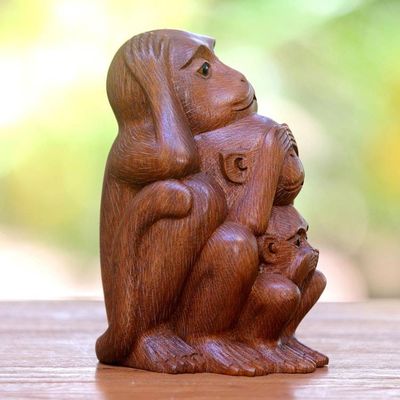 Alternate image for Three Wise Monkeys Brown Hand Carved Wood Statuette Three Monkey Sages in Brown