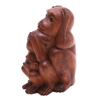 Alternate image for Three Wise Monkeys Brown Hand Carved Wood Statuette Three Monkey Sages in Brown
