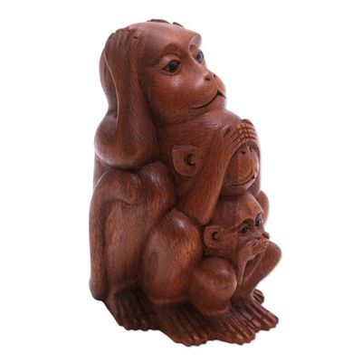 Alternate image for Three Wise Monkeys Brown Hand Carved Wood Statuette Three Monkey Sages in Brown