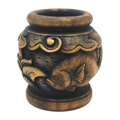 Alternate image for Five Inch Hand Carved Gilded Mahogany Decorative Vase Balinese Goldfish