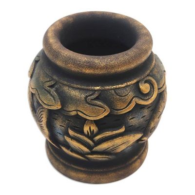 Alternate image for Five Inch Hand Carved Gilded Mahogany Decorative Vase Balinese Goldfish