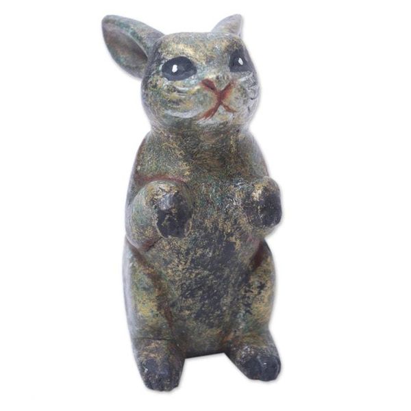 Alternate image for Rabbit Wood Figurine Hand-carved Hand-painted in Indonesia Tiny Bunny
