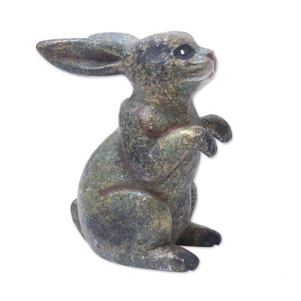 Alternate image for Rabbit Wood Figurine Hand-carved Hand-painted in Indonesia Tiny Bunny