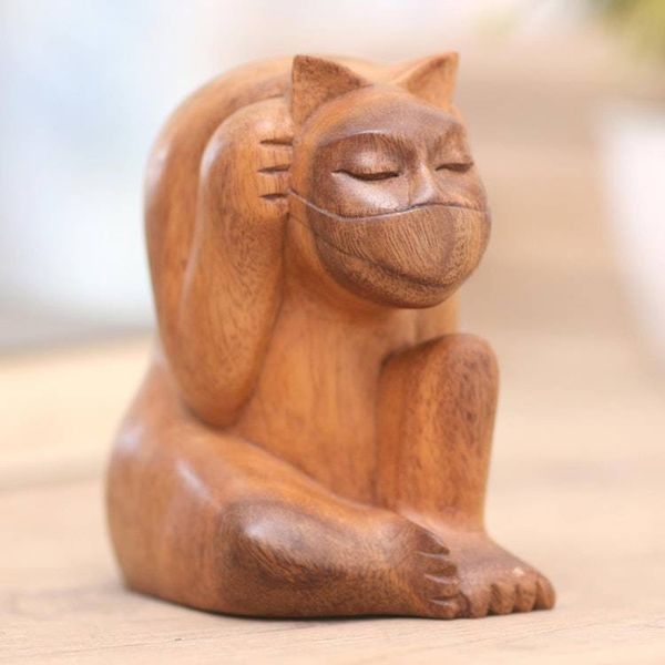 Alternate image for Hand Carved Suar Wood Cat Statuette Healthy Cat