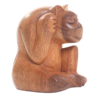 Alternate image for Hand Carved Suar Wood Cat Statuette Healthy Cat