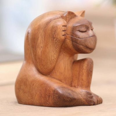 Alternate image for Hand Carved Suar Wood Cat Statuette Healthy Cat