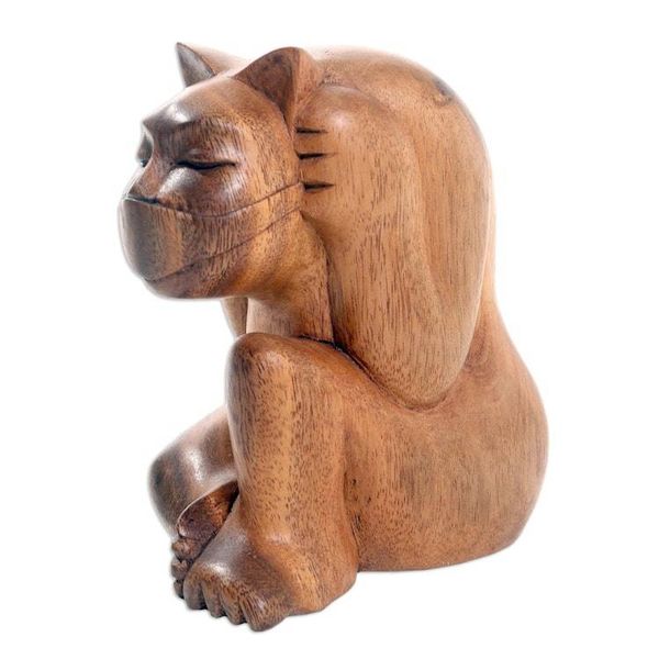 Alternate image for Hand Carved Suar Wood Cat Statuette Healthy Cat
