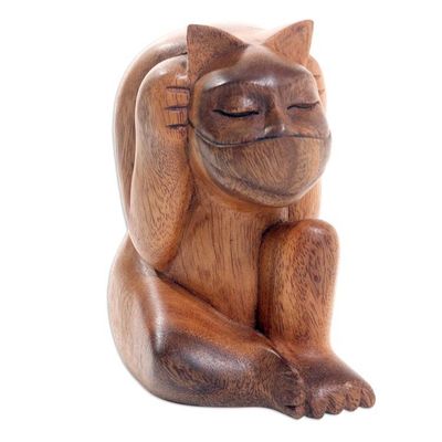 Alternate image for Hand Carved Suar Wood Cat Statuette Healthy Cat