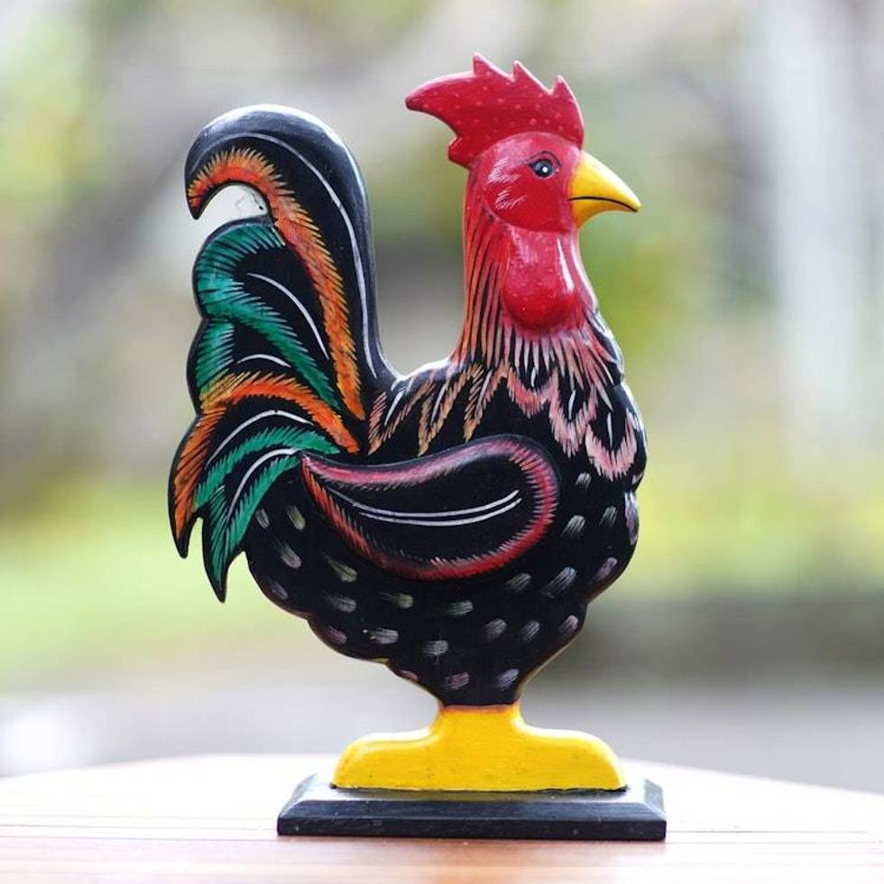 Hand Painted Albesia Wood Rooster Statuette 'Brave Rooster'