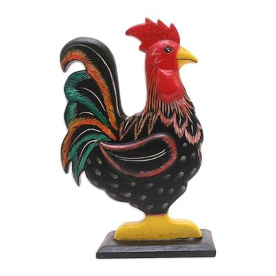 Alternate image for Hand Painted Albesia Wood Rooster Statuette Brave Rooster