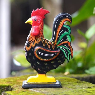 Alternate image for Hand Painted Albesia Wood Rooster Statuette Brave Rooster