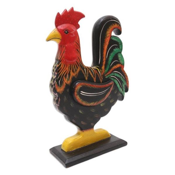 Alternate image for Hand Painted Albesia Wood Rooster Statuette Brave Rooster