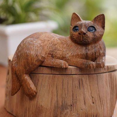 Alternate image for Artisan Made Suar Wood Cat Statuette Outdoor Cat