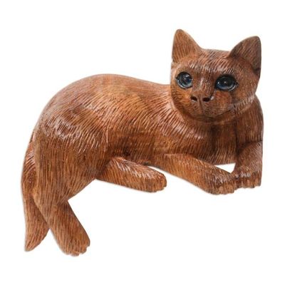Alternate image for Artisan Made Suar Wood Cat Statuette Outdoor Cat