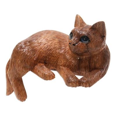 Alternate image for Artisan Made Suar Wood Cat Statuette Outdoor Cat
