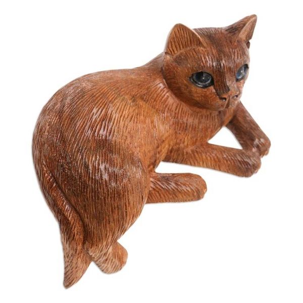 Alternate image for Artisan Made Suar Wood Cat Statuette Outdoor Cat
