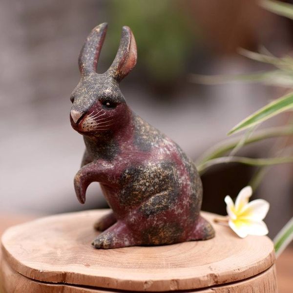 Alternate image for Rabbit Wood Figurine Hand-carved  Hand-painted in Indonesia Curious Bunny