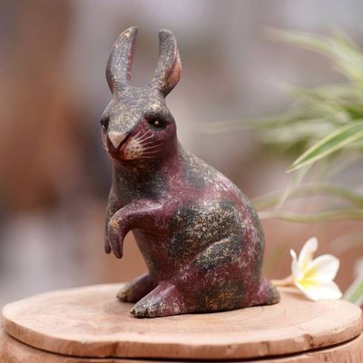 Alternate image for Rabbit Wood Figurine Hand-carved  Hand-painted in Indonesia Curious Bunny