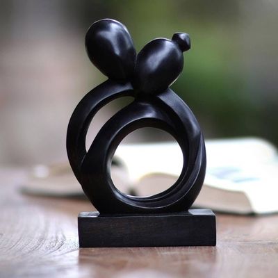 Alternate image for Abstract Romantic Black Suar Wood Sculpture from Indonesia Caring Couple