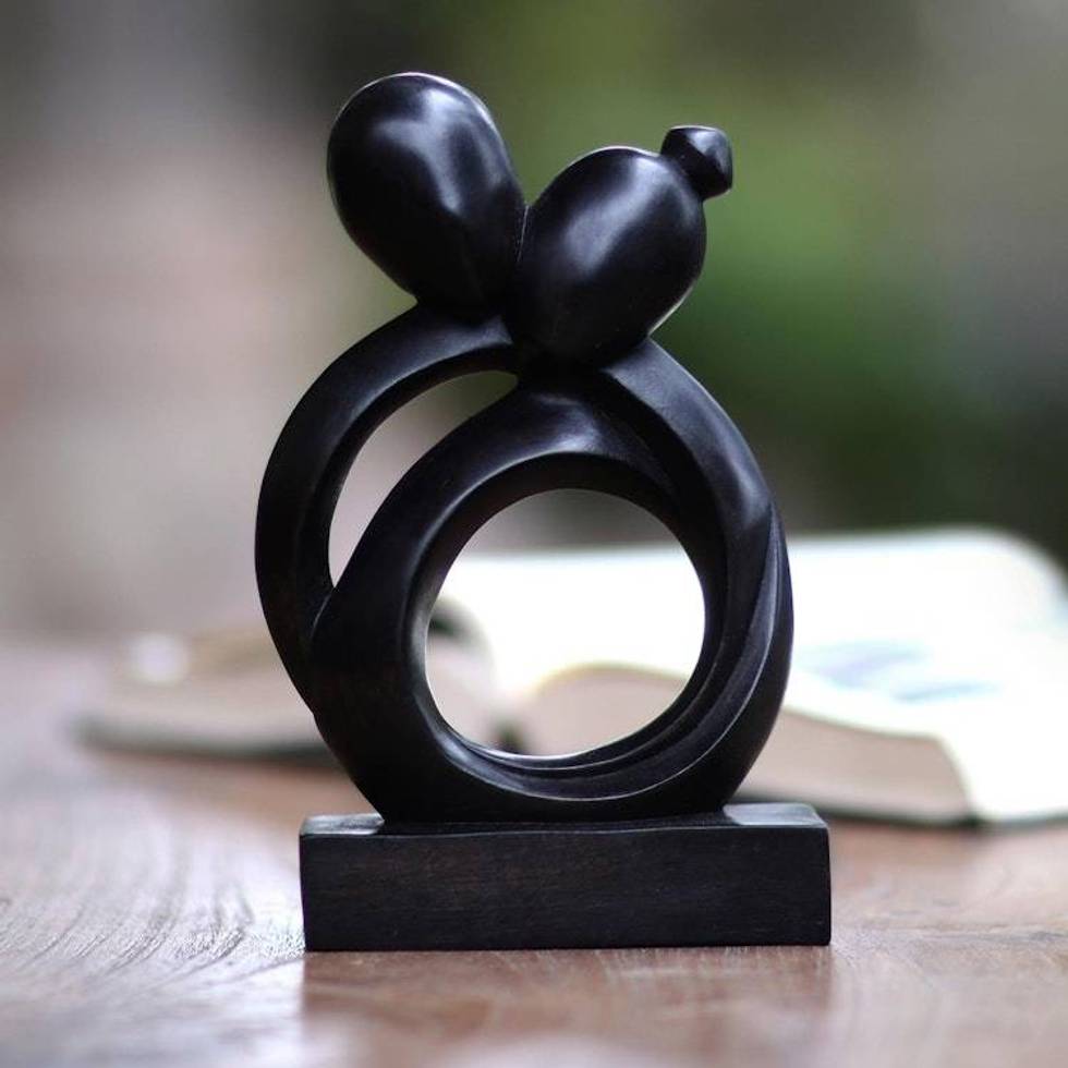 Abstract Romantic Black Suar Wood Sculpture from Indonesia 'Caring Couple'