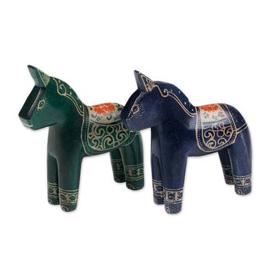 Alternate image for Pair of Hand-Painted Batik Dala Horse-Themed Wood Figurines Colorful Dala Horses