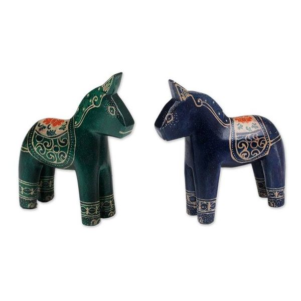 Alternate image for Pair of Hand-Painted Batik Dala Horse-Themed Wood Figurines Colorful Dala Horses