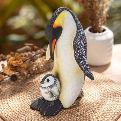 Primary image for Suar Wood Penguin Sculpture Carved and Painted by Hand Penguin Mother and Chick