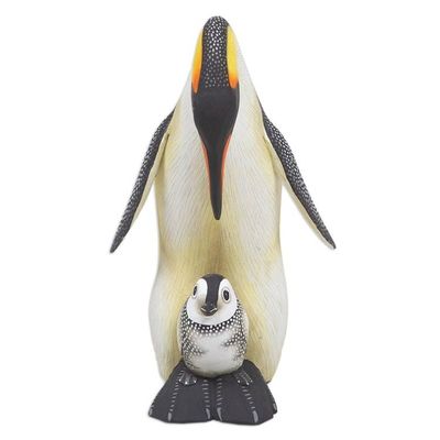 Alternate image for Suar Wood Penguin Sculpture Carved and Painted by Hand Penguin Mother and Chick