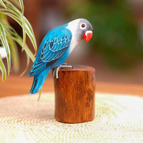 Alternate image for Handcrafted Suar Wood Blue Bird Sculpture with Wooden Base Blue Lovebird